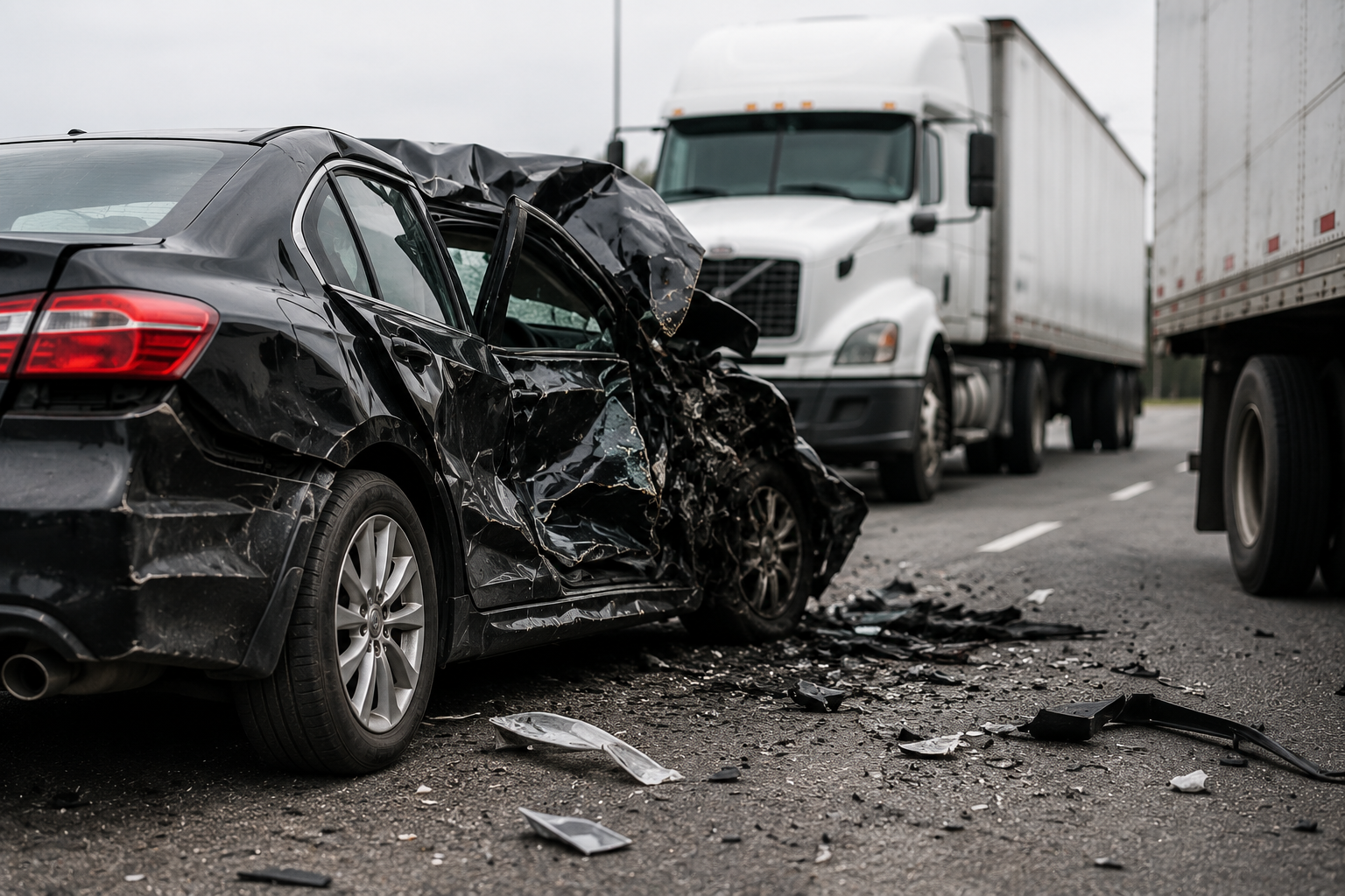 A passenger car crushed after a collision with a tractor-trailer on a New Jersey highway